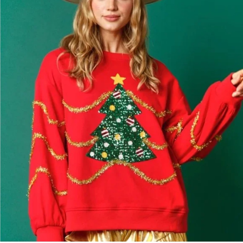 Fantastic Fawn Sequin Christmas Tree Sweatshirt Red Tinsel Garland Holiday Top L